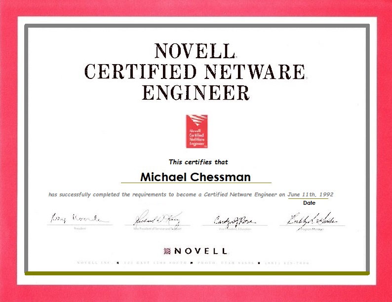 CNE Certificate copy - Michael Chessman June 11th 1992